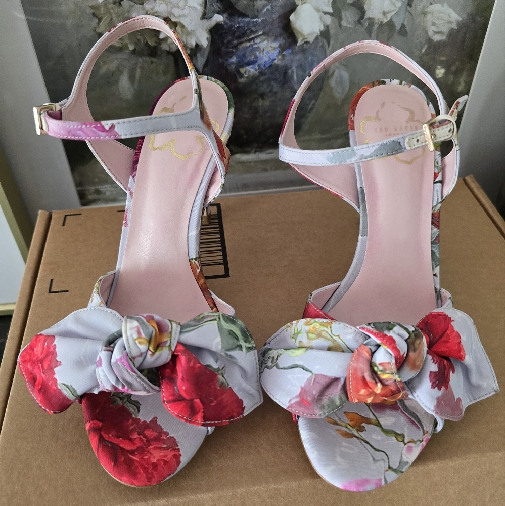 TED BAKER Red and Pink Floral Heels with Ankle Strap
